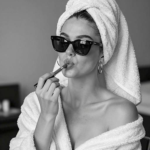 Elegant Woman Applying Lipstick in Monochrome