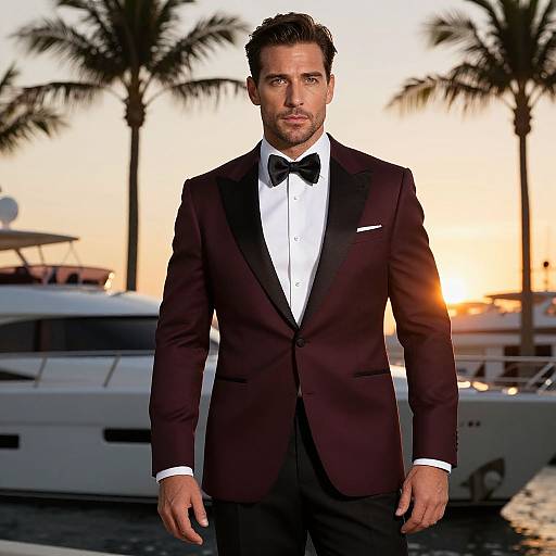 Photograph of a handsome, bearded man in a dark maroon tuxedo with black bow tie, standing in front of a sunset marina