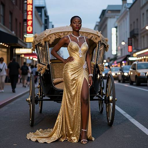 Photograph of a confident Black woman in a glittering gold floor-length gown with a high slit, standing in front of a vintage carriage on a bustling