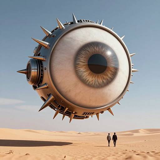 Photorealistic digital artwork of a massive, metallic, spiked sphere with a giant human eye, hovering above a desert; two small figures stand below.