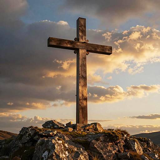 Wooden Cross on Rugged Hill at Sunset