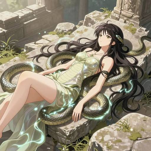 Digital anime artwork of a beautiful woman with long black hair, snake coiled around her, wearing a glowing green dress, lying on ancient ruins. Sun