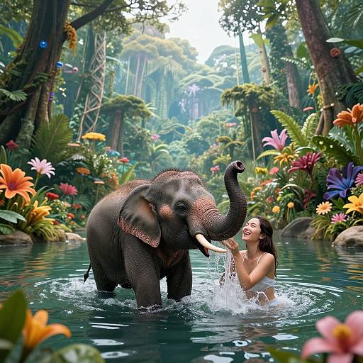 Photograph of a smiling woman washing a playful elephant in a lush, colorful jungle stream with vibrant flowers and dense foliage.
