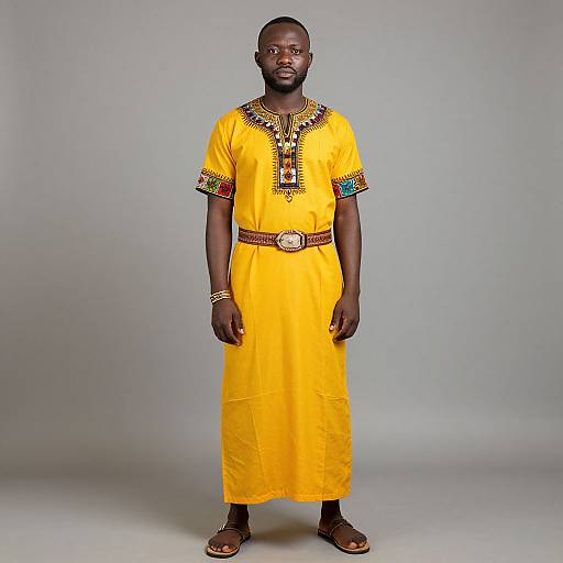 Photograph of a Black man standing in front of a gray background, wearing a bright yellow traditional dress with colorful embroidery, brown belt, and brown sandals