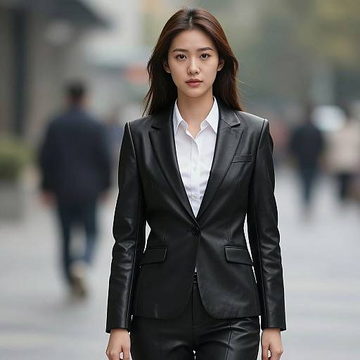 Photograph of an Asian woman with long black hair, wearing a black leather suit and white shirt, walking confidently down a blurred urban street.