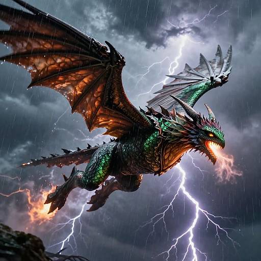 Digital artwork of a fierce, green-scaled dragon with glowing red eyes, black wings, and sharp spikes, flying amidst a stormy sky with lightning