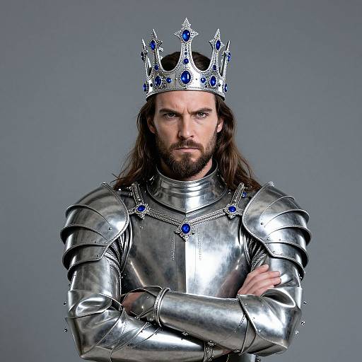 Photograph of a serious, bearded man with long brown hair, wearing a silver crown and matching armor with blue gemstones, arms crossed.