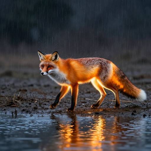 Photograph of a vibrant red fox with glowing orange fur, black legs, and white-tipped tail, walking in rain, reflecting in a puddle