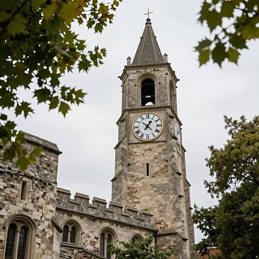 Photograph of a tall, stone church tower with a clock, surrounded by leafy trees and an old, stone building with arched windows.