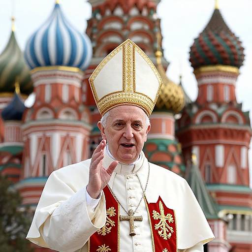 Photograph of elderly Pope waving in front of colorful, ornate domes of St. Basil's Cathedral in Russia, wearing white papal robes and