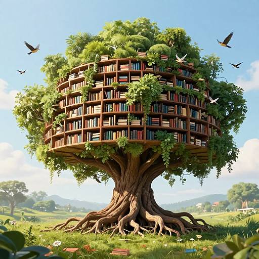 Digital art: Enormous tree with book-filled, wooden shelves, lush greenery, birds flying, roots spreading, set in a sunny, rural