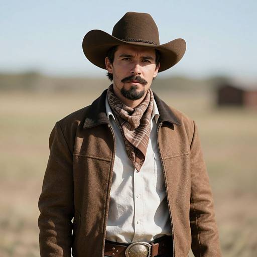 Photograph of a rugged, mustached man in a brown cowboy hat, plaid scarf, brown jacket, white shirt, standing in a sunlit