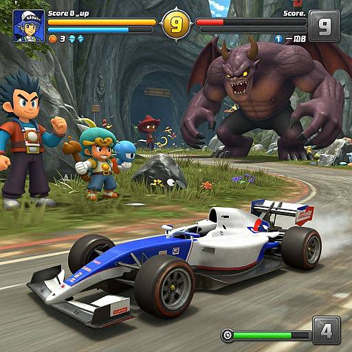 CGI video game screenshot: Mario Kart-like race with blue and white car, muscular purple Minotaur, and characters in forest cave, health bars