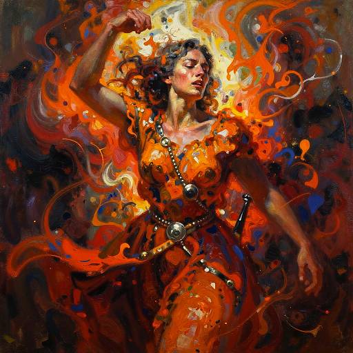 Vibrant digital painting of a fiery, curly-haired woman in an orange dress, with swirling flames, beaded belt, and sword, set against
