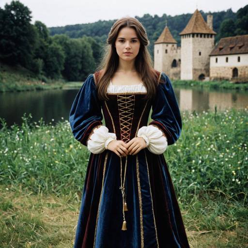 Young Woman in Medieval Rhone Costume by Castle Lake