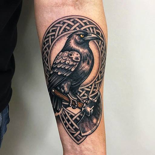Tattoo of a detailed black raven with yellow eye, intricately woven heart frame, and small bells, on a forearm. Photorealistic