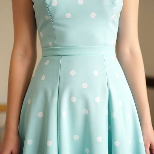 Photograph of a woman's torso in a light blue, sleeveless, polka dot dress with a flared skirt, standing indoors.