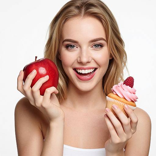 Photograph of a smiling blonde woman with blue eyes, holding a red apple in her left hand and a pink-frosted cupcake with a raspberry