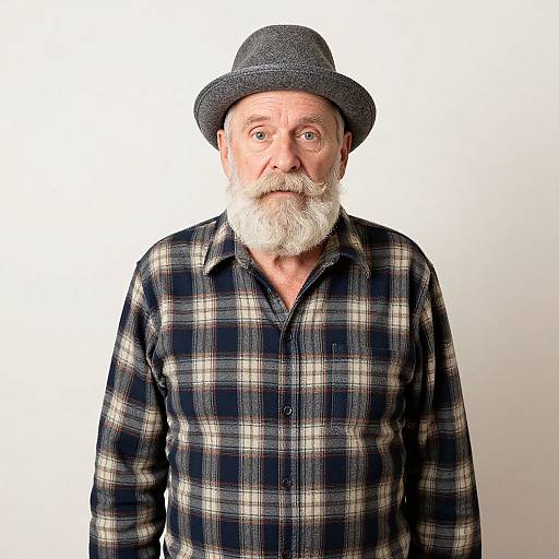 Photograph of an older white man with a white beard, wearing a grey flat cap, black and white plaid shirt, and looking directly at the