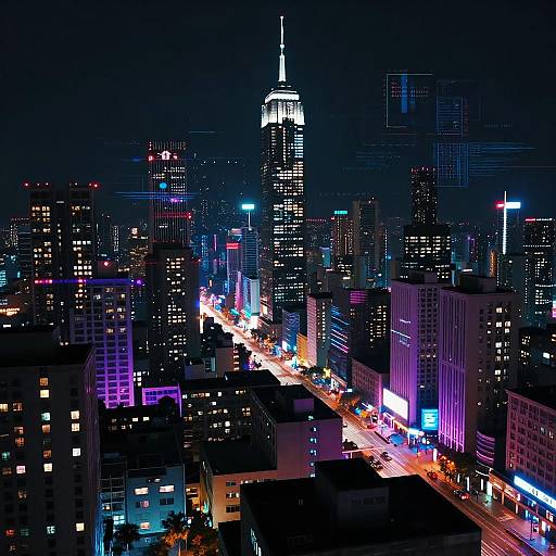 Nighttime cityscape photograph of a bustling urban skyline with brightly lit skyscrapers, neon lights, and colorful streetlights illuminating a busy road.