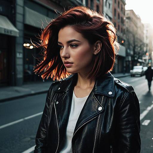 Woman with Mahogany Hair in Leather Jacket on Urban Street