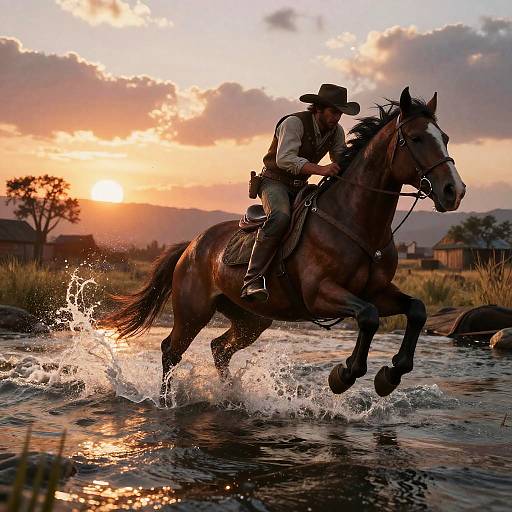 Cowboy Leaping Horse into River at Sunset