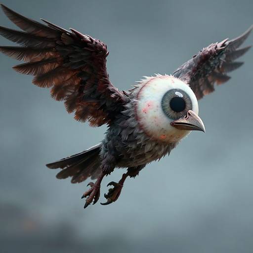 Photorealistic CGI of a dark-feathered bird with a white, blood-speckled head and large, black eye, flying against a blurred