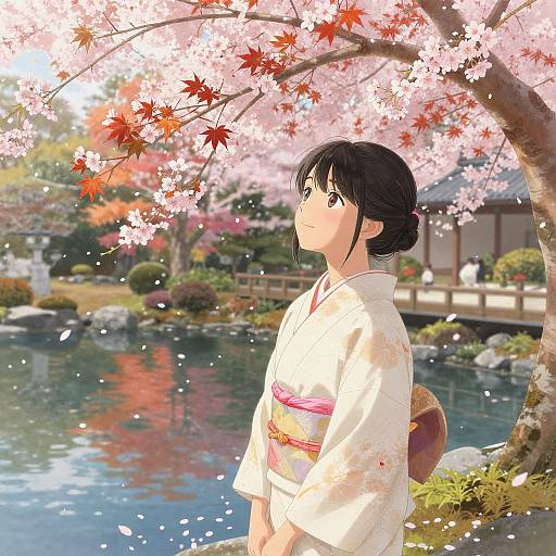Anime-style digital illustration of a young woman in a white kimono with pink obi, standing under cherry blossoms, beside a serene pond.