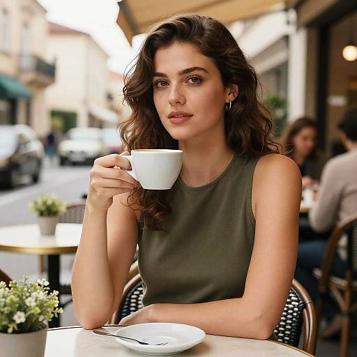 Photograph of a beautiful, brown-haired woman with wavy hair, wearing a sleeveless olive-green top, holding a white cup, seated at a