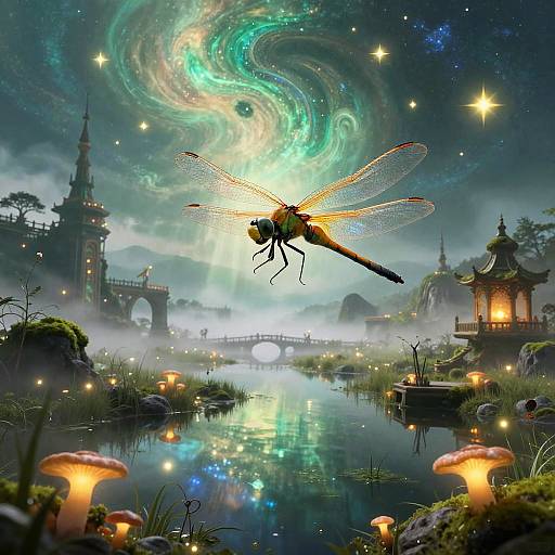 Luminescent Dragonfly Over Mystical Wetlands