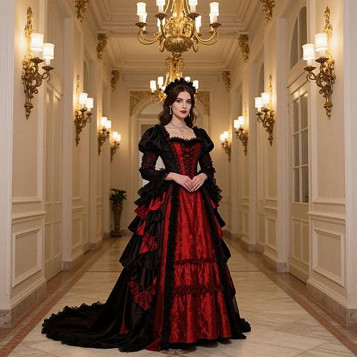 Photograph of a pale-skinned woman with dark hair in a black and red Victorian-style gown, standing in an elegant, ornate hallway with ch