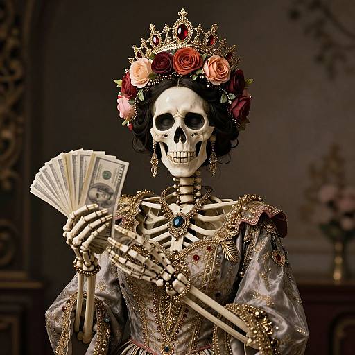 Photorealistic digital art of a skull in a regal gown, adorned with a flower crown, holding a fan of money. Dark, ornate