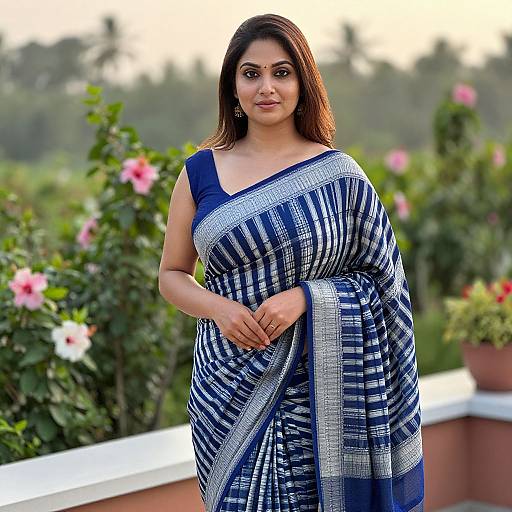 Photograph of a smiling Indian woman with medium brown skin, long dark hair, wearing a blue and white striped saree, standing on a balcony with