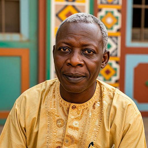 Photograph of an African man with short gray hair, dark brown skin, wearing a yellow, intricately embroidered traditional shirt, standing in front of colorful