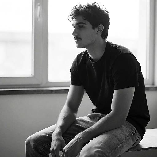 Black-and-white photograph of a young man with curly hair and mustache, sitting on a bench against a bright window. Wearing a dark t-shirt