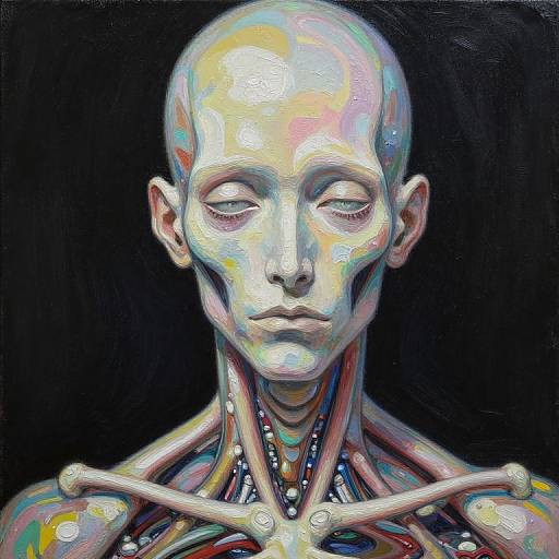 Digital painting of a bald, androgynous humanoid with iridescent skin, closed eyes, exposed muscular anatomy, and black background. Hyper-real
