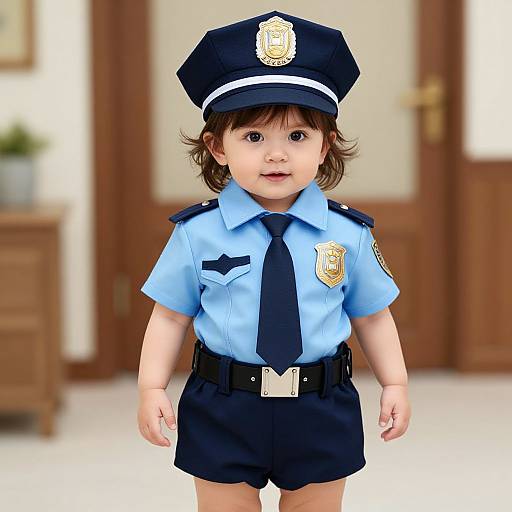 Photorealistic CGI of a cute toddler in a blue police uniform, including hat, shirt, tie, and shorts, standing indoors.
