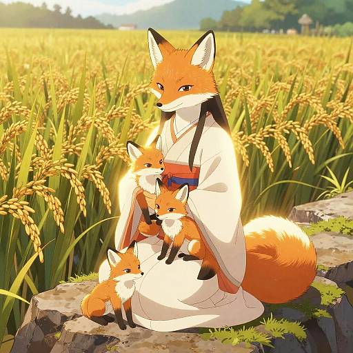 Inari Deity with Fox Cubs in Rice Field