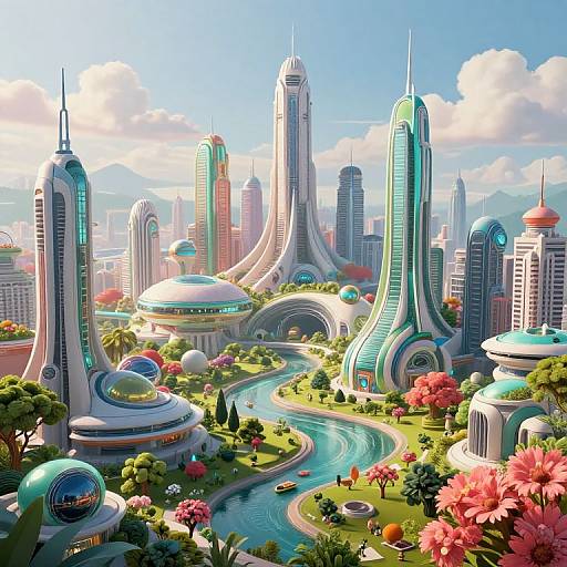 Digital artwork of a futuristic cityscape with vibrant skyscrapers, curved architecture, winding river, lush greenery, colorful flowers, and clear blue sky