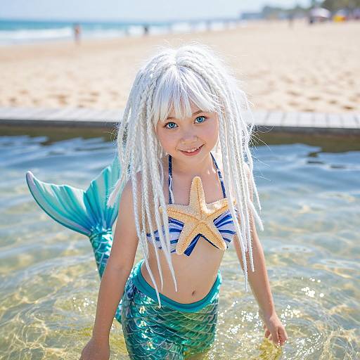 Photograph of a young girl with long white hair, mermaid costume, blue-green tail, striped top, starfish necklace, smiling in shallow water
