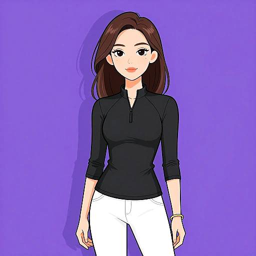 Digital anime-style drawing of a smiling woman with brown hair, wearing a black long-sleeve top and white pants, against a purple background.