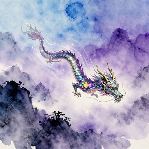Digital painting of a vibrant, multi-colored dragon with flowing mane and golden horns soaring through a misty, mountainous sky.
