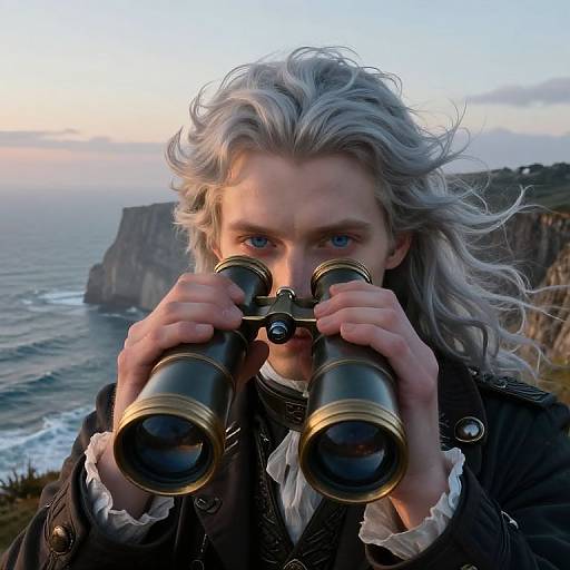 Photorealistic digital image of a white-haired man with blue eyes, wearing 18th-century clothes, using binoculars, overlooking a coastal cliff