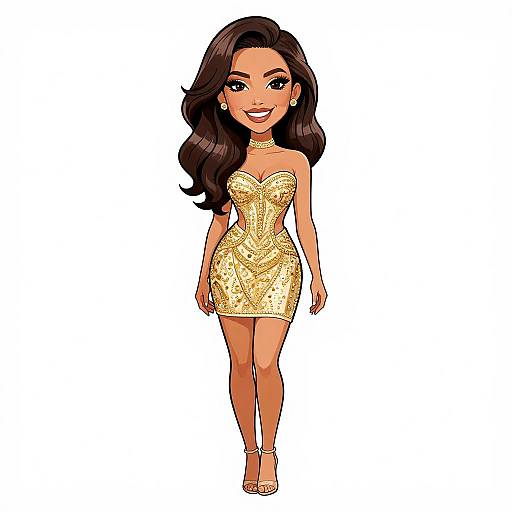 Digital illustration of a smiling, dark-haired woman in a gold, strapless, sequined mini dress and silver heels, standing against a white background.