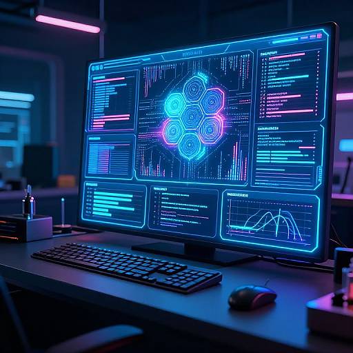 Photograph of a glowing blue neon-lit computer screen displaying complex data and code, with a keyboard and mouse on a modern desk in a dimly