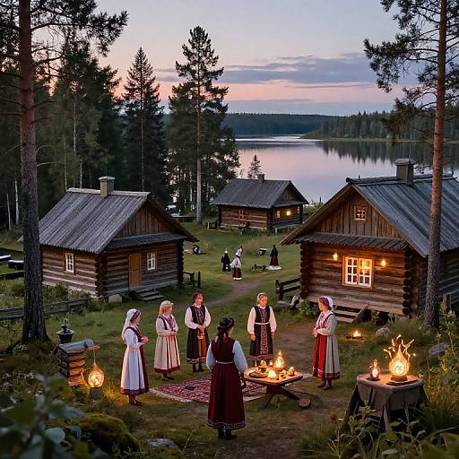 Photograph of rustic log cabins by a serene lake at sunset, featuring six people in traditional Scandinavian folk attire gathered around a campfire, surrounded by tall