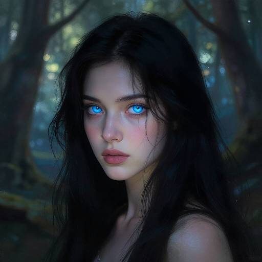 Digital artwork of a pale, ethereal woman with strikingly bright blue eyes, long black hair, and pink lips, set in a dark, mystical