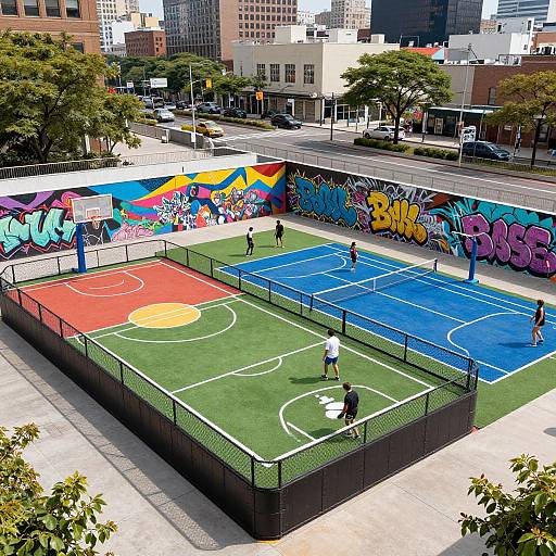 Photograph of an urban outdoor basketball and tennis court with colorful graffiti walls, four players, and city buildings in the background.