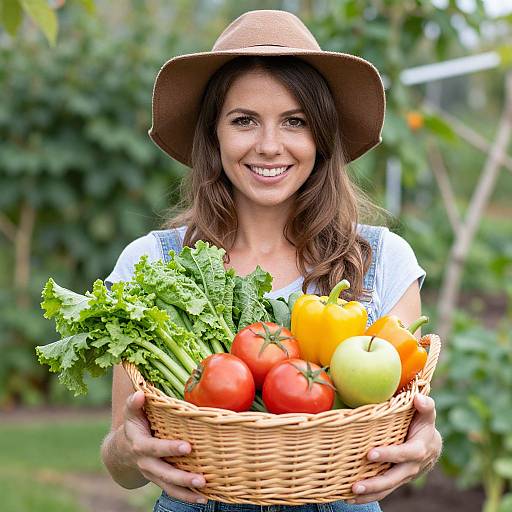 Photograph of smiling woman with brown hat, holding wicker basket of colorful vegetables and leafy greens, in lush garden.