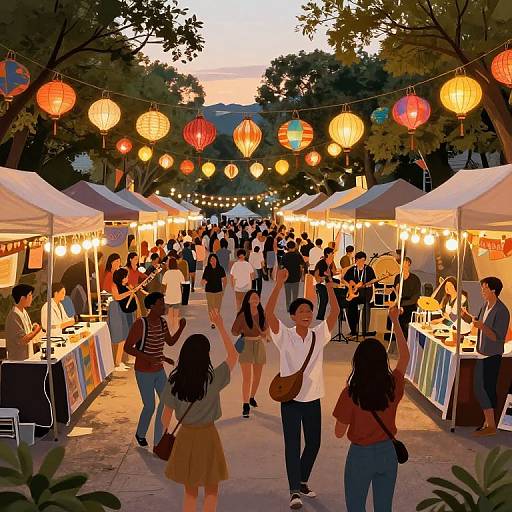 Vibrant evening market scene with colorful lanterns, bustling crowd, white tents, and warm light, set against a twilight sky and tree-lined path